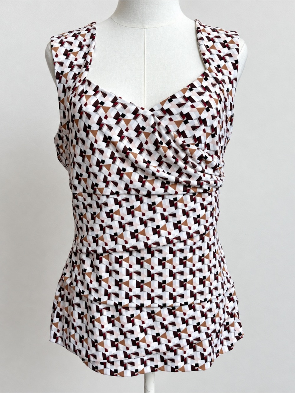 WHBM Ruched Blouse Women’s L Geometric Print Stretch Career Top
